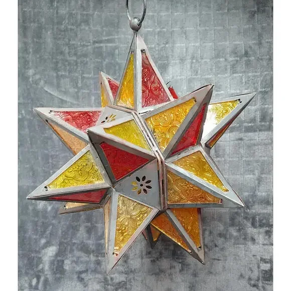 Moroccan Moravian Stained Glass 14" Star Hanging Tealight Candle Holder 2PC Set - Picture 10 of 10